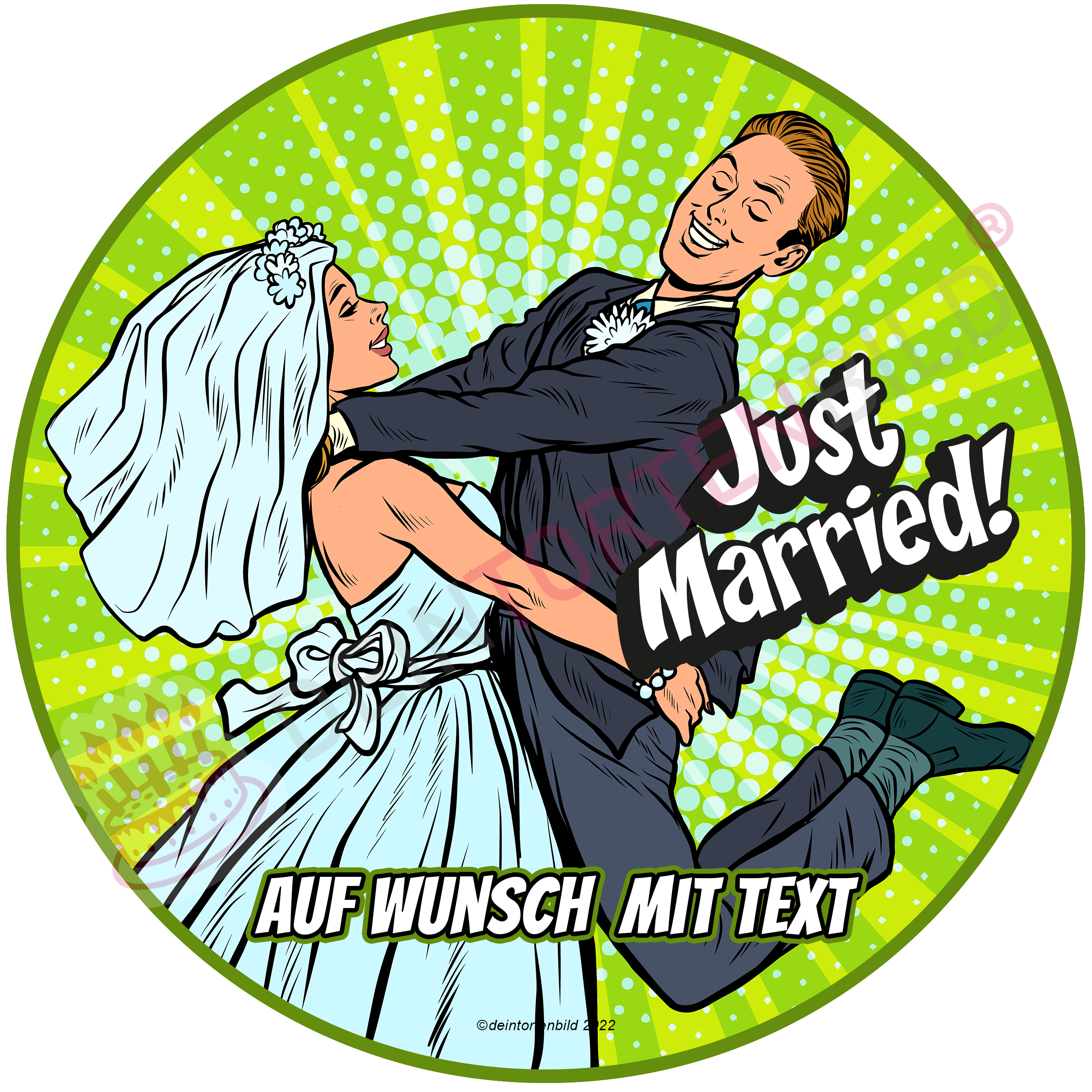 Hochzeit Pop Art Ehepaar Marry Me/Just Married - Hochwertige und individuelle Tortenaufleger für jeden Anlass
Tortenaufleger Hochzeit - Pop Art Ehepaar Marry Me/Just Married 20cm Kreis
Diese Tortenaufleger im Comi - Tortenbild - DeintortenbildHochzeit Pop Art Ehepaar Marry