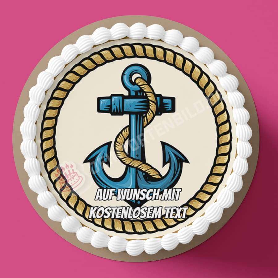 Motiv: Anker mit Seil - Hochwertige und individuelle Tortenaufleger für jeden Anlass
Tortenaufleger Anker mit Seil 20cm Kreis
Dieser Tortenaufleger mit einem blauen Anker und einem gelben - Tortenbild - DeintortenbildAnker mit Seil