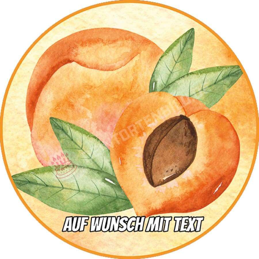 Motiv: Aprikosen - Hochwertige und individuelle Tortenaufleger für jeden Anlass
Tortenaufleger Aprikosen 20cm Kreis
Dieser Tortenaufleger mit Aprikosen und Blättern auf einem gelben H - Tortenbild - DeintortenbildMotiv