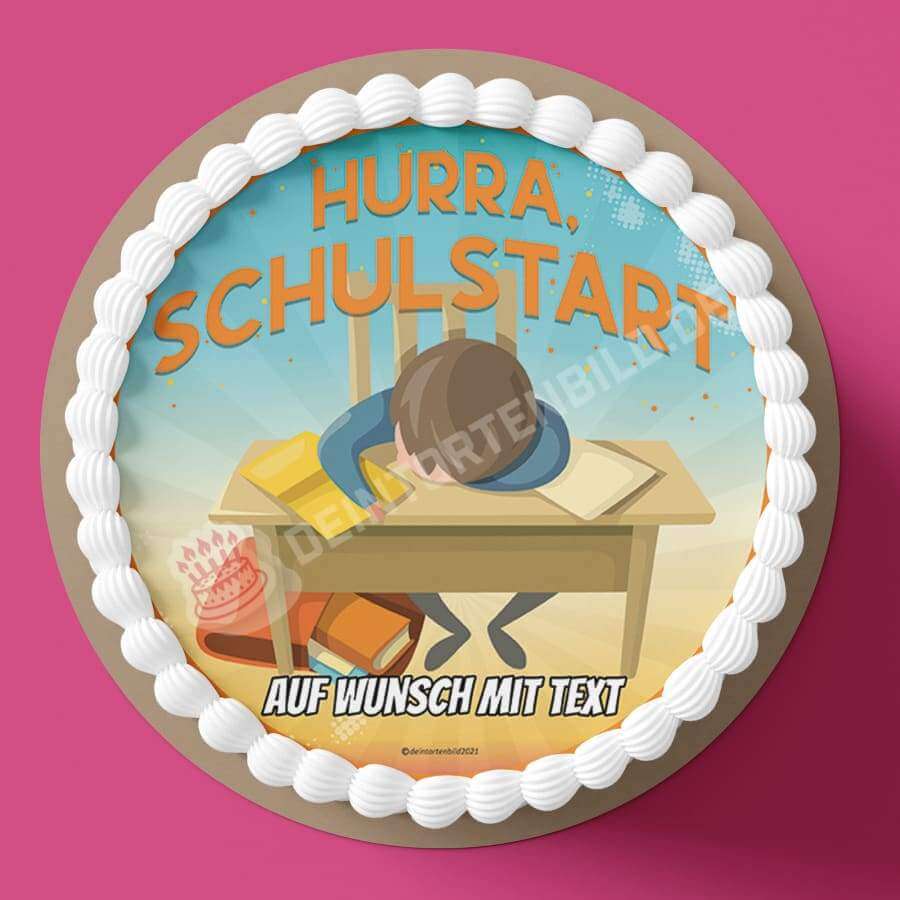 Motiv: Einschulung - Hurra, Schulstart von Deintortenbild – Tortenaufleger, Tortenfoto, Tortenbild, personalisiert & individuell bei Deintortenbild.de