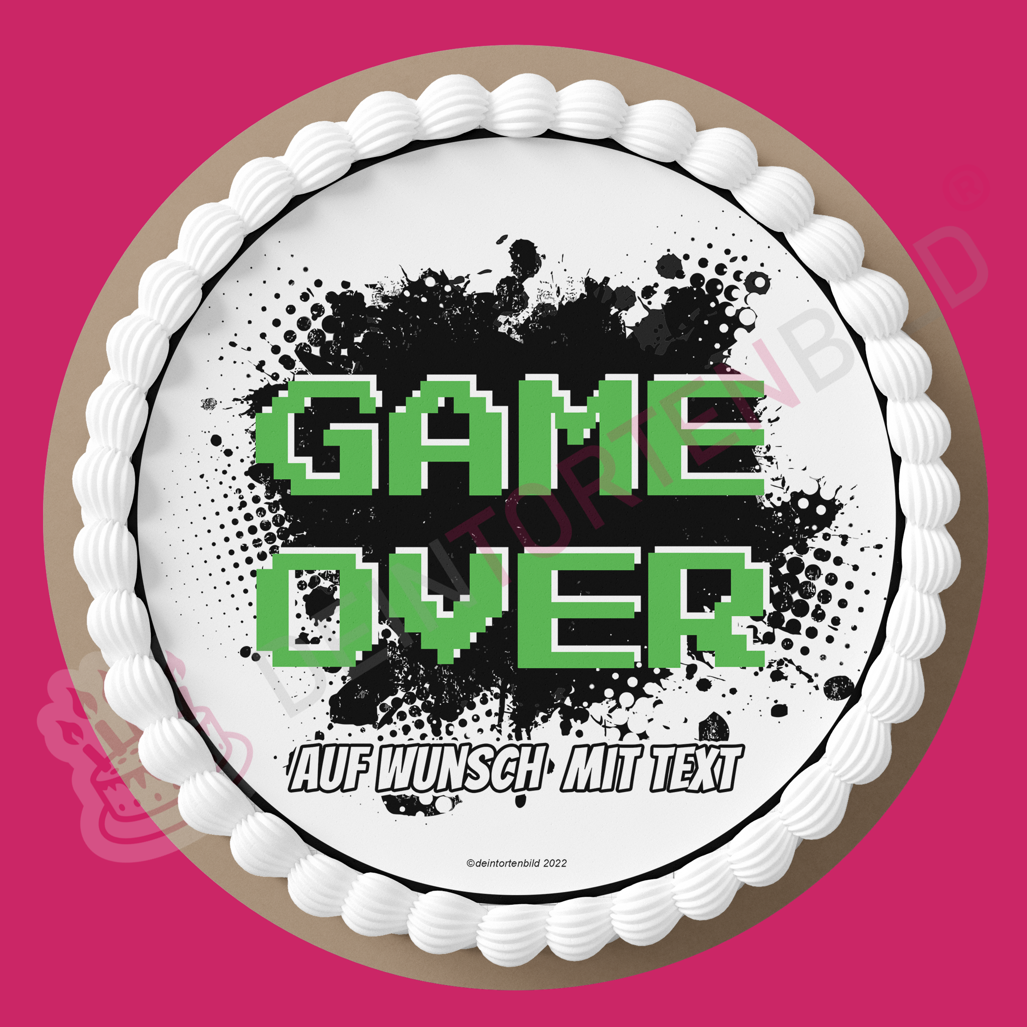 Gaming "GAME OVER" - Deintortenbild.de Tortenaufleger aus Esspapier: Oblatenpapier / Grün, Oblatenpapier / Gelb, Oblatenpapier / Blau, Oblatenpapier / Pink, Oblatenpapier / Rot, Oblatenpapier / Rot/Gelb, Zuckerpapier / Grün, Zuckerpapier / Gelb, Zuckerpapier / Blau, Zuckerpapier / Pink