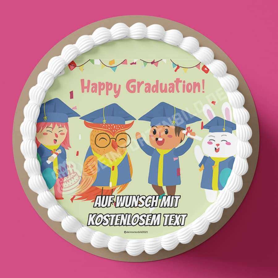 Motiv: "Happy Graduation" - Abschluss von Deintortenbild – Tortenaufleger, Tortenfoto, Tortenbild, personalisiert & individuell bei Deintortenbild.de