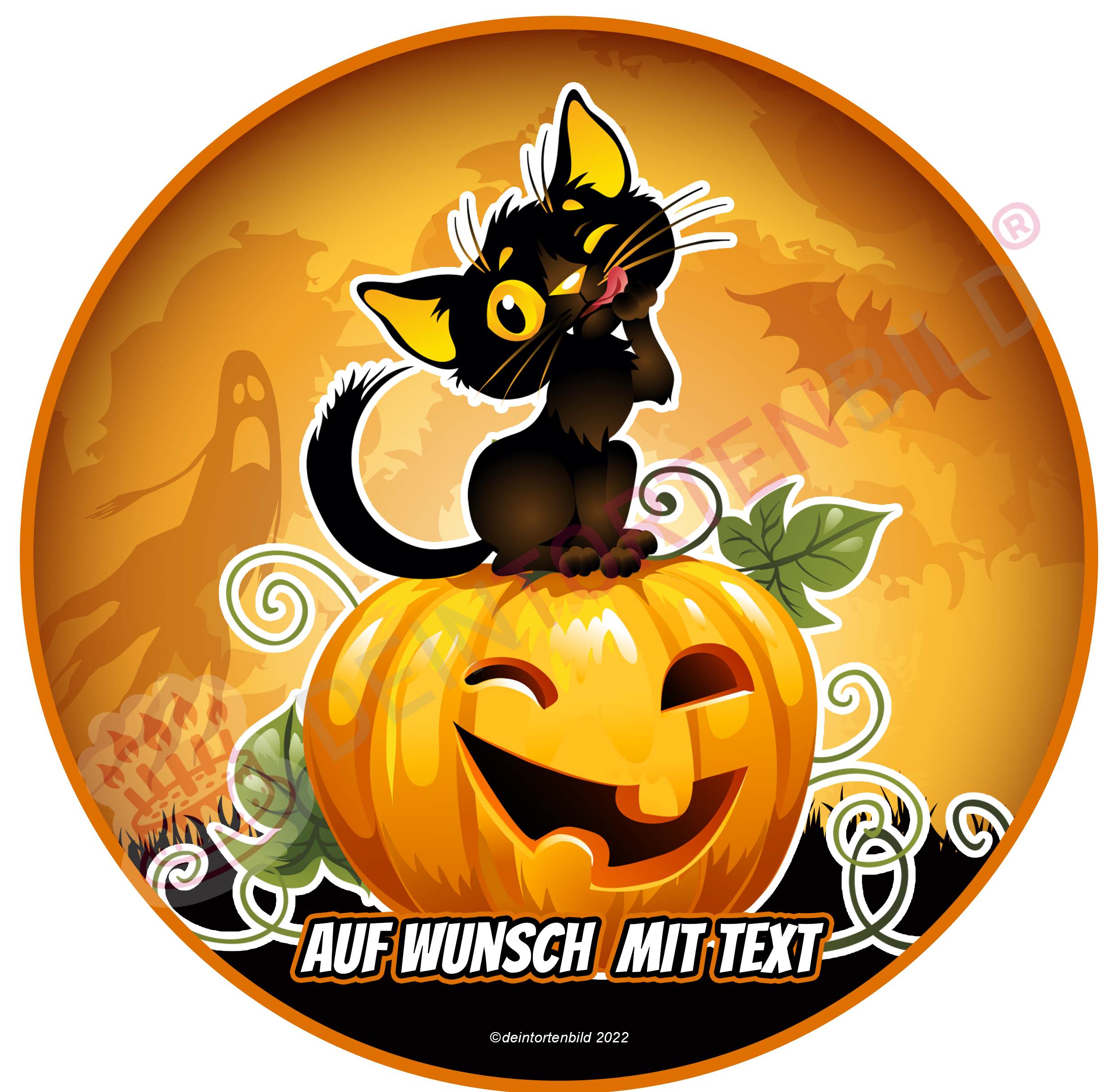 Happy Halloween Kürbis mit Katze von Deintortenbild – Tortenaufleger, Tortenfoto, Tortenbild, personalisiert & individuell bei Deintortenbild.de