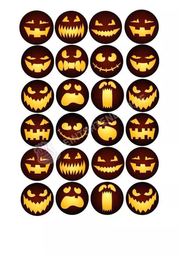 Muffinaufleger Motiv: Halloween - Kürbisgesichter - Deintortenbild.de Tortenaufleger aus Esspapier: Oblatenpapier / 15 Stück x 5cm, Oblatenpapier / 24 Stück x 4cm, Zuckerpapier / 15 Stück x 5cm, Zuckerpapier / 24 Stück x 4cm, Fondantpapier / 15 Stück x 5cm, Fondantpapier / 24 Stück x 4cm