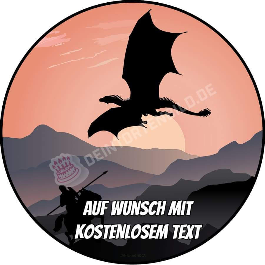 Motiv: Ritter und Drache Silhouette - Sonnenuntergang - Deintortenbild.de Tortenaufleger aus Esspapier: Oblatenpapier, Zuckerpapier, Fondantpapier