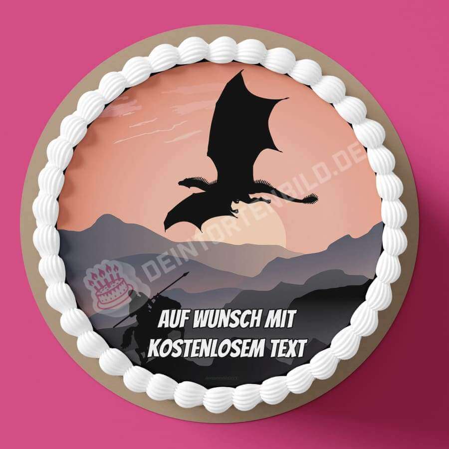 Motiv: Ritter und Drache Silhouette - Sonnenuntergang - Deintortenbild.de Tortenaufleger aus Esspapier: Oblatenpapier, Zuckerpapier, Fondantpapier