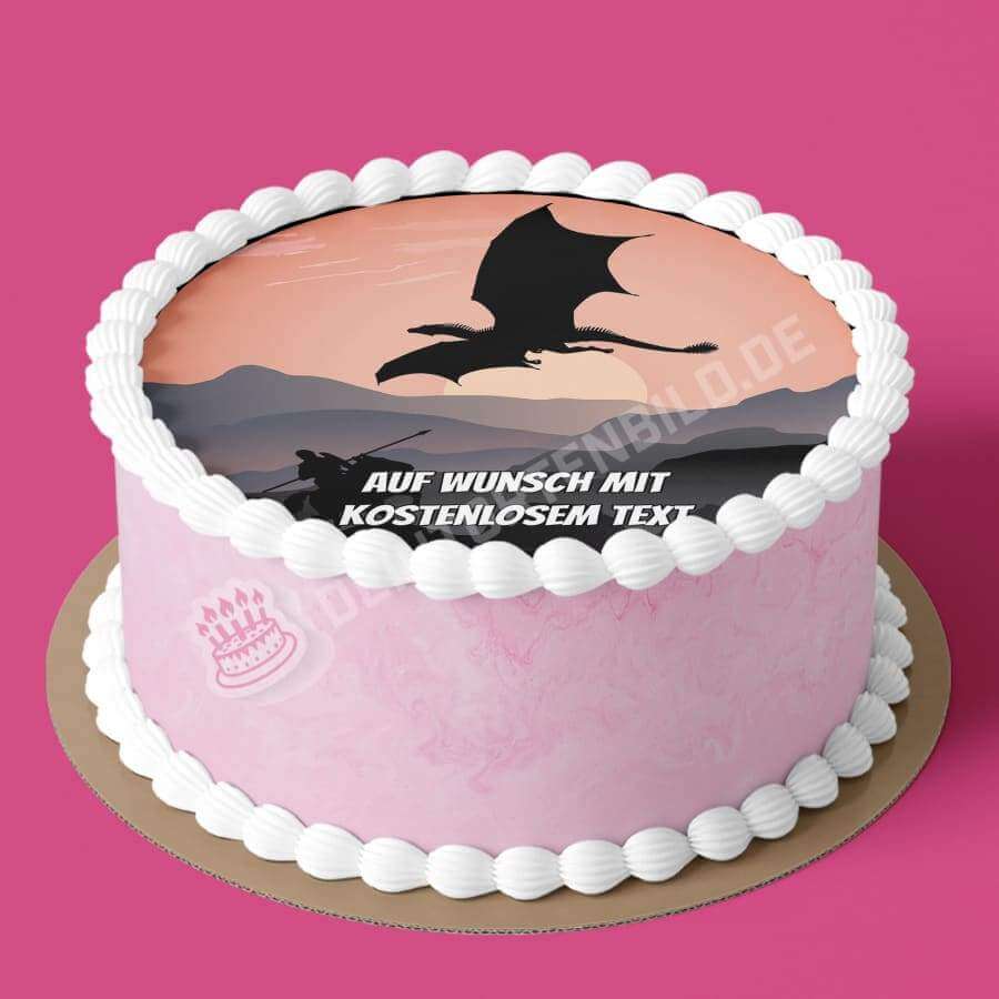 Motiv: Ritter und Drache Silhouette - Sonnenuntergang - Deintortenbild.de Tortenaufleger aus Esspapier: Oblatenpapier, Zuckerpapier, Fondantpapier