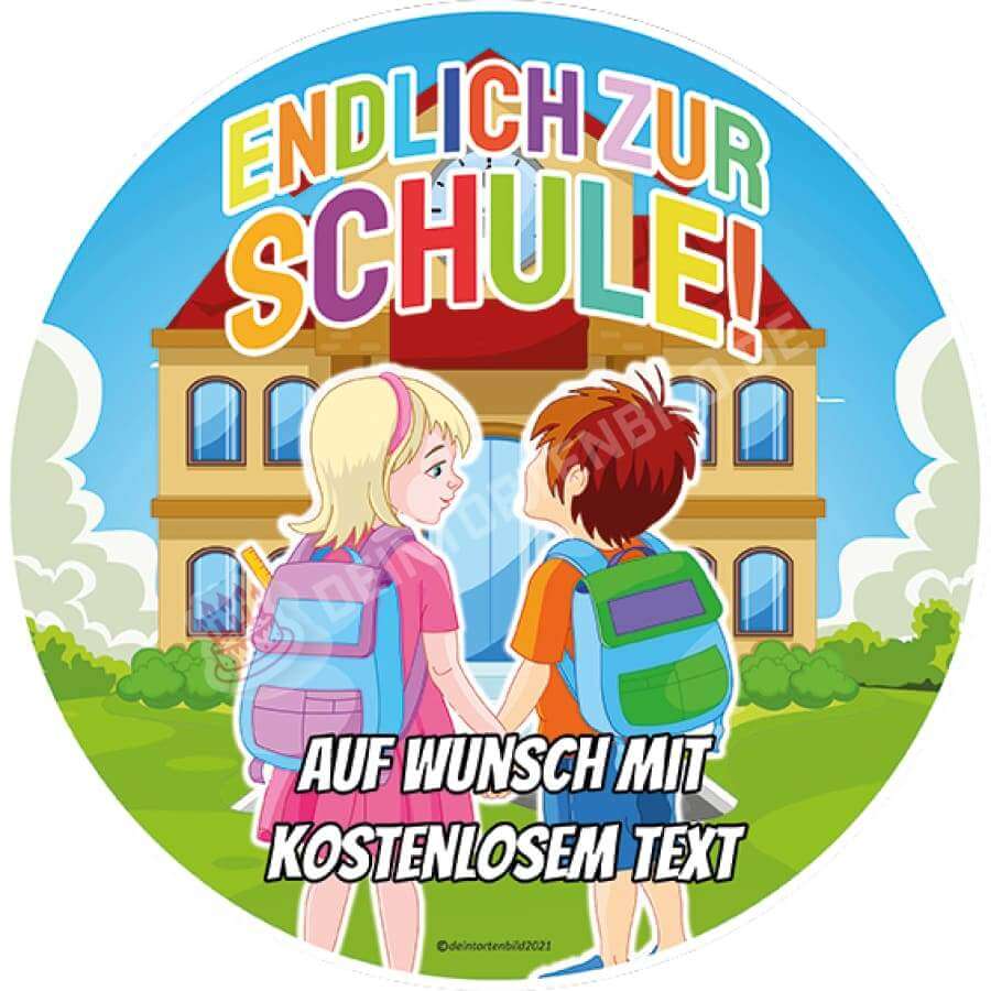 Motiv: "Endlich zur Schule" - Kinder vor Schule (Version1) von Deintortenbild – Tortenaufleger, Tortenfoto, Tortenbild, personalisiert & individuell bei Deintortenbild.de