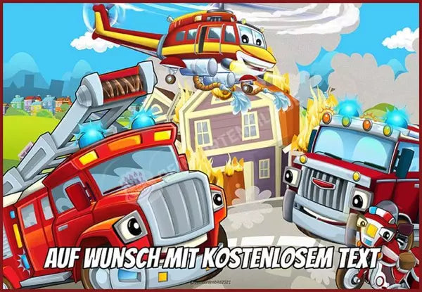 Rechteck Motiv: Cartoon Feuerwehr Einsatz - Deintortenbild.de Tortenaufleger aus Esspapier: Oblatenpapier, Zuckerpapier, Fondantpapier