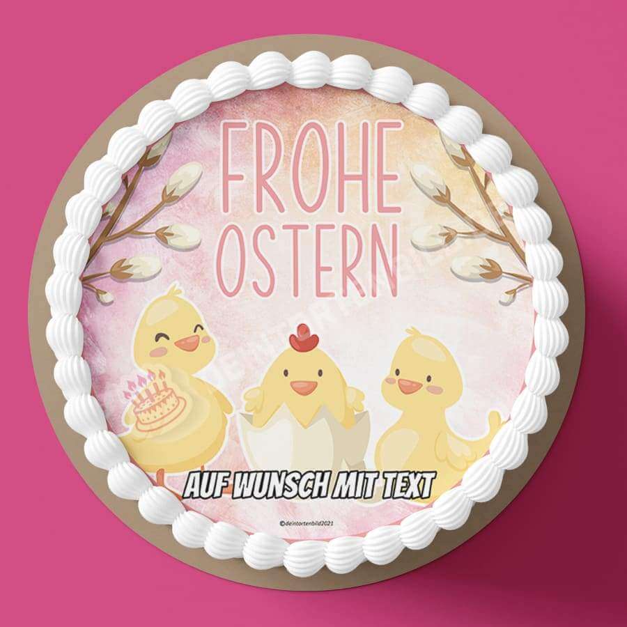 Motiv: Frohe Ostern - Kücken - Hochwertige und individuelle Tortenaufleger für jeden Anlass
Tortenaufleger Frohe Ostern - Kücken 20cm Kreis 
Unsere Tortenaufleger sind ein ideales Geschenk für bes - Tortenbild - DeintortenbildFrohe Ostern -