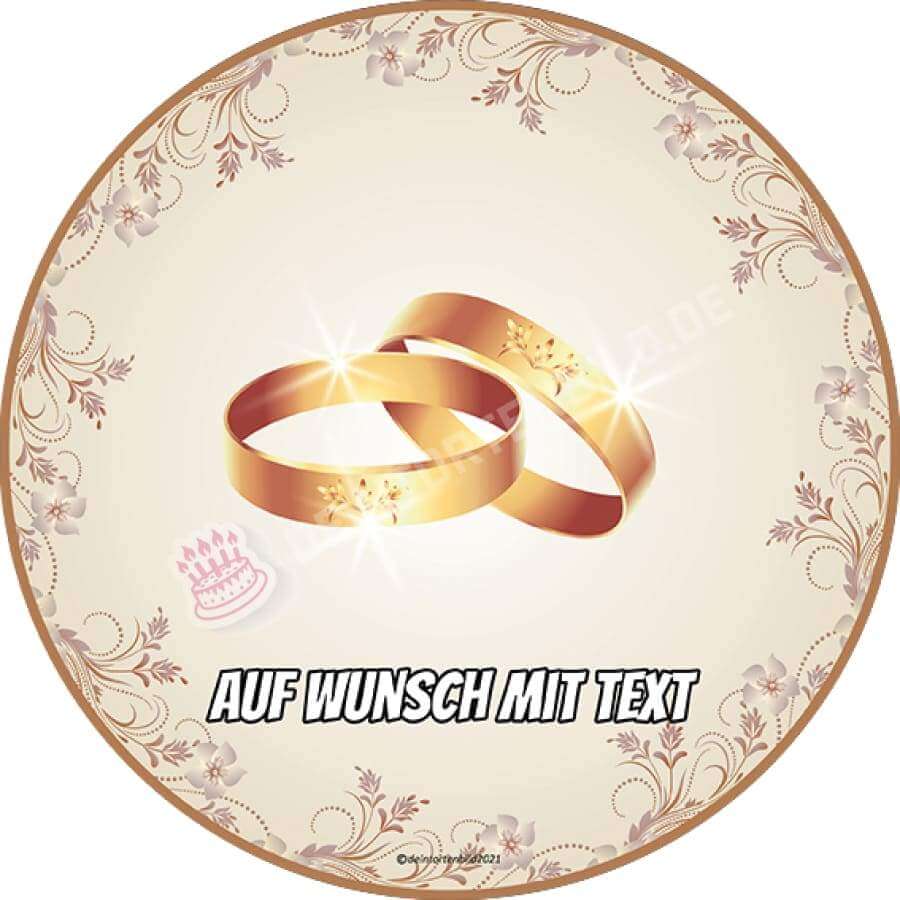 Motiv: Hochzeit - Goldene Eheringe mit Blumenmuster - Hochwertige und individuelle Tortenaufleger für jeden Anlass
Tortenaufleger Hochzeit - Goldene Eheringe in 20cm Kreis
Unsere Tortenaufleger sind ein ideales Geschenk - Tortenbild - DeintortenbildHochzeit - Goldene Eheringe mit Blumenmuster