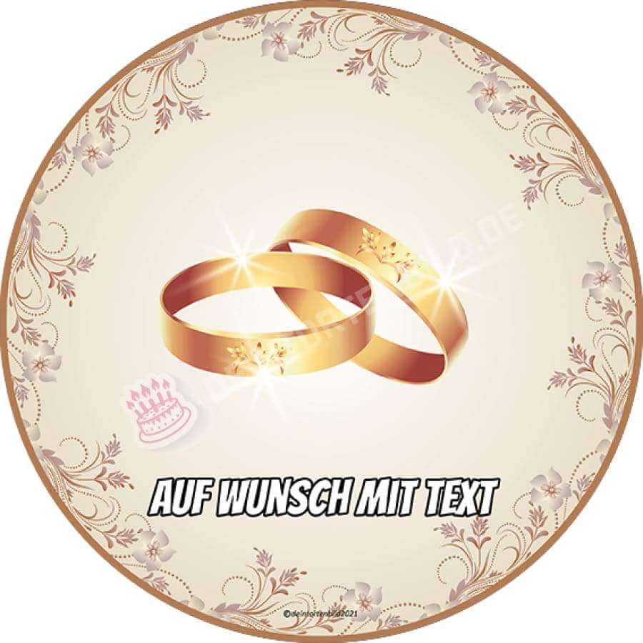 Motiv: Hochzeit - Goldene Eheringe mit Blumenmuster - Hochwertige und individuelle Tortenaufleger für jeden Anlass
Tortenaufleger Hochzeit - Goldene Eheringe in 20cm Kreis
Unsere Tortenaufleger sind ein ideales Geschenk - Tortenbild - DeintortenbildHochzeit - Goldene Eheringe mit Blumenmuster