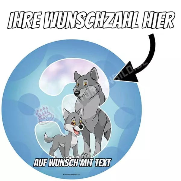 Zahlenmotiv: Wolf mit Kind - Hochwertige und individuelle Tortenaufleger für jeden Anlass
Tortenaufleger Zahlenmotiv: Wolf mit Kind 20cm Kreis 
Unsere Tortenaufleger sind ein ideales Geschenk fü - Tortenbild - DeintortenbildWolf mit Kind