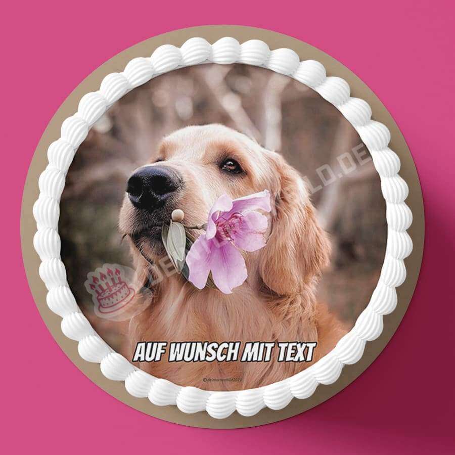 Motiv: Hund mit Blume - Hochwertige und individuelle Tortenaufleger für jeden Anlass
Tortenaufleger Hund mit Blume in 20cm Kreis 
Unsere Tortenaufleger sind ein ideales Geschenk für besonde - Tortenbild - DeintortenbildHund mit Blume