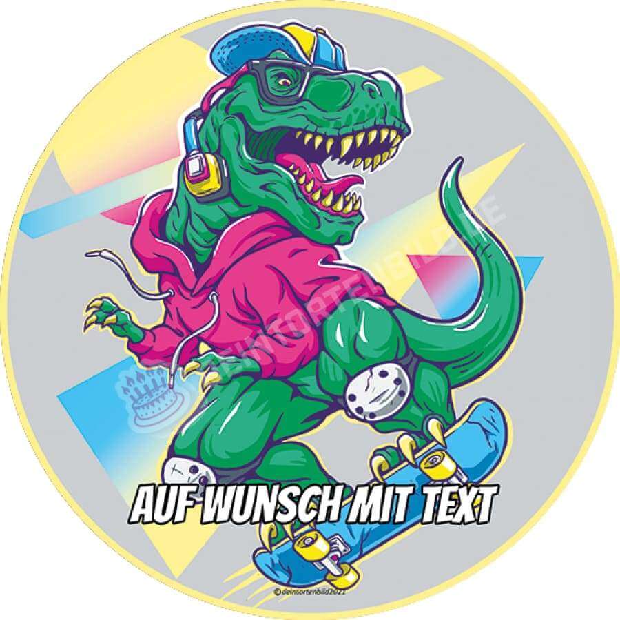 Motiv: Dino auf Skateboard 90er Stil - Hochwertige und individuelle Tortenaufleger für jeden Anlass
Tortenaufleger Dino auf Skateboard 90er Stil in 20cm Kreis 
Unsere Tortenaufleger sind ein ideales Gesch - Tortenbild - DeintortenbildDino auf Skateboard 90er Stil