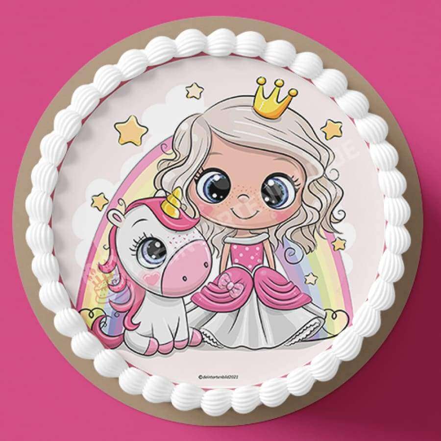 Motiv: Prinzessin mit Regenbogen und Einhorn - Hochwertige und individuelle Tortenaufleger für jeden Anlass
Tortenaufleger Prinzessin mit Regenbogen in 20cm Kreis 
Unsere Tortenaufleger sind ein ideales Geschenk  - Tortenbild - DeintortenbildPrinzessin mit Regenbogen und Einhorn