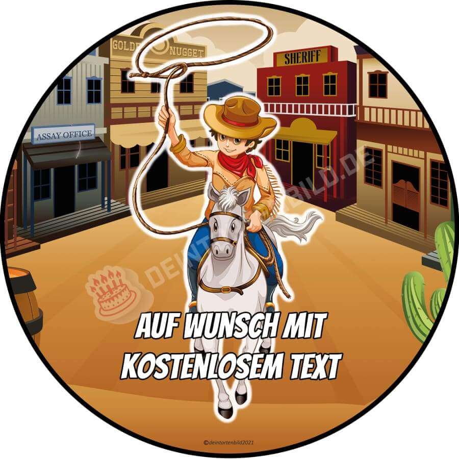 Motiv: Cartoon Cowboy reitendHochwertige und individuelle Tortenaufleger für jeden Anlass
Tortenaufleger Cartoon Cowboy reitend in 20cm Kreis
Unsere Tortenaufleger sind ein ideales Geschenk für TortenbildDeintortenbildCartoon Cowboy reitend