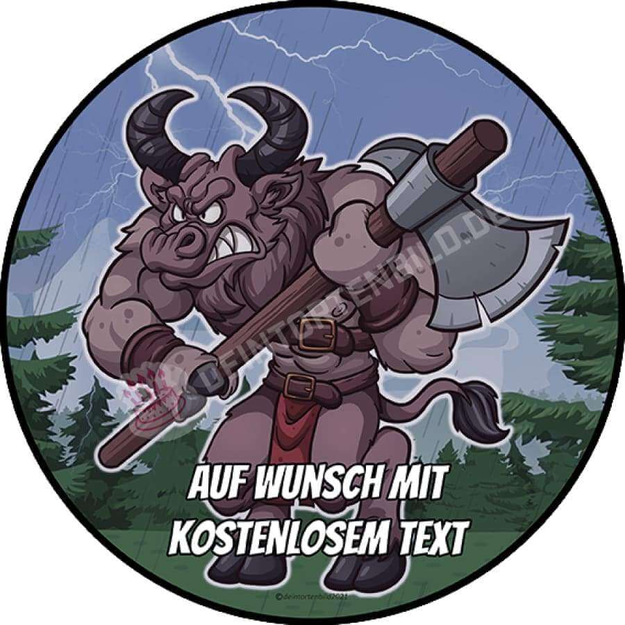 Motiv: Fantasy - Cartoon Minotaurus - Hochwertige und individuelle Tortenaufleger für jeden Anlass
Tortenaufleger Fantasy - Cartoon Minotaurus in 20cm Kreis 
Unsere Tortenaufleger sind ein ideales Gesche - Tortenbild - DeintortenbildFantasy - Cartoon Minotaurus