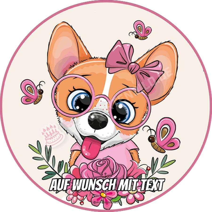 Motiv: Corgi Hund mit Schmetterlingen - Hochwertige und individuelle Tortenaufleger für jeden Anlass
Tortenaufleger Corgi Hund mit Schmetterlingen 20cm Kreis 
Unsere Tortenaufleger sind ein ideales Geschen - Tortenbild - DeintortenbildCorgi Hund mit Schmetterlingen