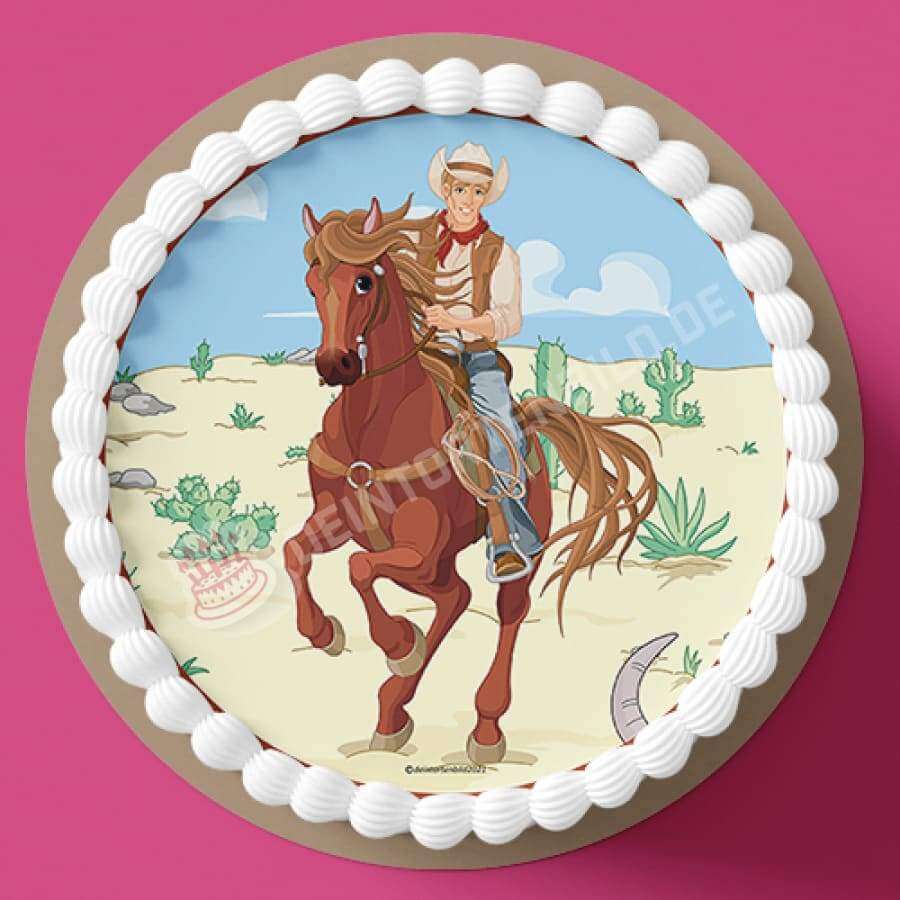 Motiv: Cowboy reitend - Hochwertige und individuelle Tortenaufleger für jeden Anlass
Tortenaufleger Cowboy reitend in 20cm Kreis 
Unsere Tortenaufleger sind ein ideales Geschenk für besonde - Tortenbild - DeintortenbildCowboy reitend