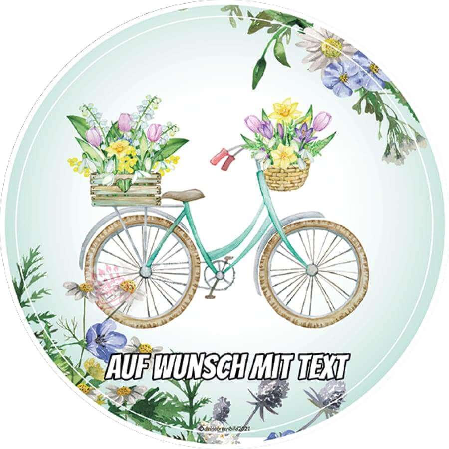 Motiv: Elegantes Fahrrad mit Blumen - Hochwertige und individuelle Tortenaufleger für jeden Anlass
Tortenaufleger Elegantes Fahrrad mit Blumen in 20cm Kreis 
Unsere Tortenaufleger sind ein ideales Gesche - Tortenbild - DeintortenbildElegantes Fahrrad mit Blumen