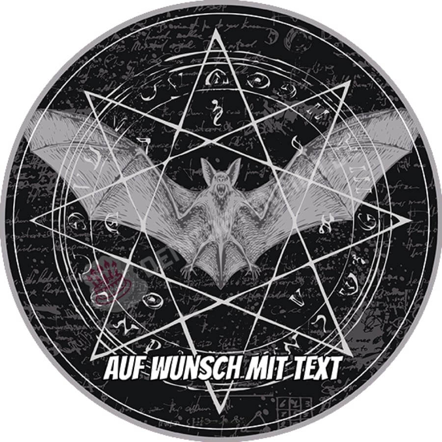 Motiv: Okkulte Symbole mit Fledermaus - Hochwertige und individuelle Tortenaufleger für jeden Anlass
Tortenaufleger Okkulte Symbole mit Fledermaus in 20cm Kreis 
Unsere Tortenaufleger sind ein ideales Gesc - Tortenbild - DeintortenbildOkkulte Symbole mit Fledermaus