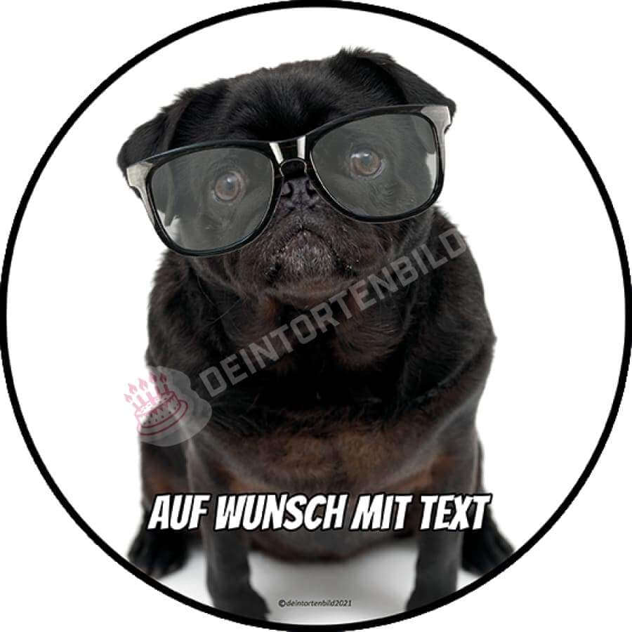 Motiv: Mops mit Brille - Hochwertige und individuelle Tortenaufleger für jeden Anlass
Tortenaufleger Mops mit Brille in 20cm Kreis 
Unsere Tortenaufleger sind ein ideales Geschenk für besond - Tortenbild - DeintortenbildMops mit Brille