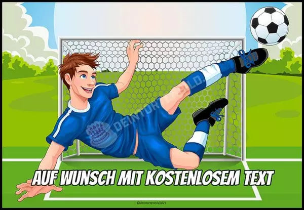 Rechteck Motiv: Fußball Junge vor Tor - Deintortenbild.de Tortenaufleger aus Esspapier: Oblatenpapier / Blaues Trikot Motiv, Oblatenpapier / Grünes Trikot Motiv, Oblatenpapier / Rotes Trikot Motiv, Zuckerpapier / Blaues Trikot Motiv, Zuckerpapier / Grünes Trikot Motiv, Zuckerpapier / Rotes Trikot Motiv, Fondantpapier / Blaues Trikot Motiv, Fondantpapier / Grünes Trikot Motiv, Fondantpapier / Rotes Trikot Motiv