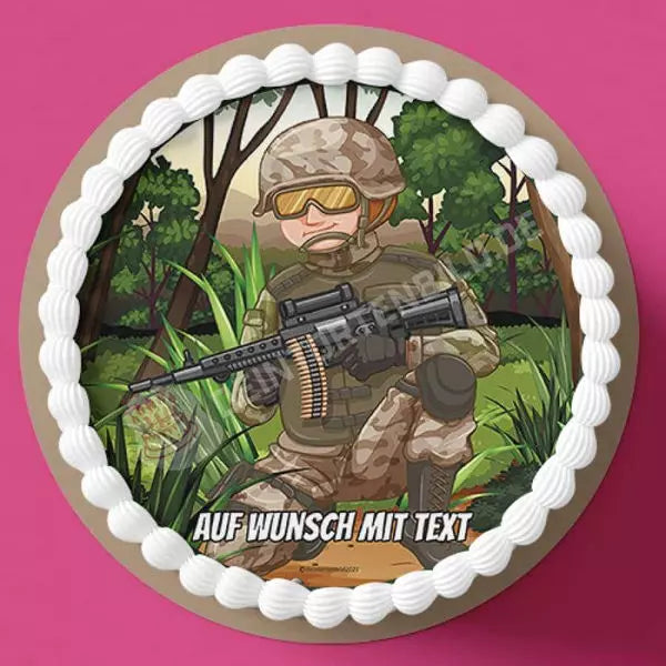 Motiv: Soldat mit Waffe - Hochwertige und individuelle Tortenaufleger für jeden Anlass
Tortenaufleger Soldat mit Waffe 20cm Kreis 
Unsere Tortenaufleger sind ein ideales Geschenk für besonder - Tortenbild - DeintortenbildSoldat mit Waffe