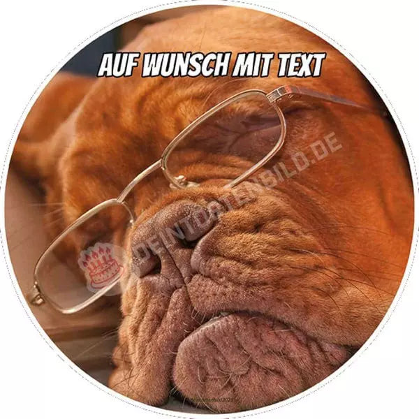 Motiv: Schlafender Hund mit Brille - Hochwertige und individuelle Tortenaufleger für jeden Anlass
Tortenaufleger Schlafender Hund mit Brille in 20cm Kreis 
Unsere Tortenaufleger sind ein ideales Geschen - Tortenbild - DeintortenbildSchlafender Hund mit Brille