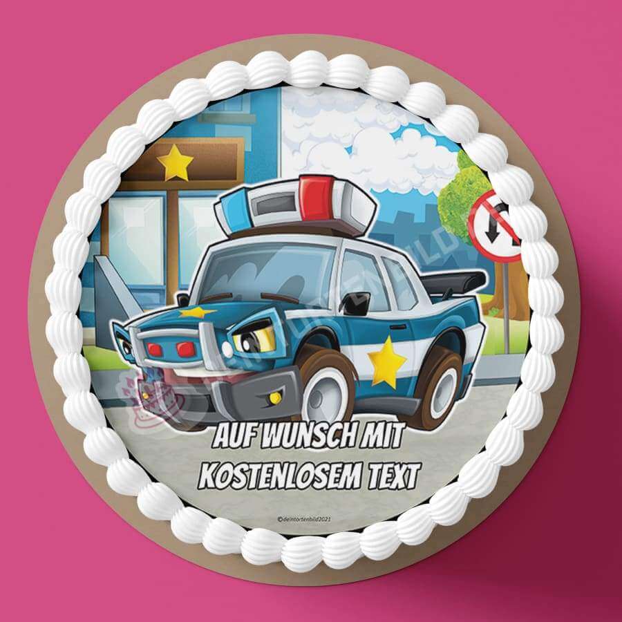 Motiv: Cartoon Polizeiauto - Hochwertige und individuelle Tortenaufleger für jeden Anlass
Tortenaufleger Cartoon Polizeiauto in 20cm Kreis 
Unsere Tortenaufleger sind ein ideales Geschenk für be - Tortenbild - DeintortenbildCartoon Polizeiauto