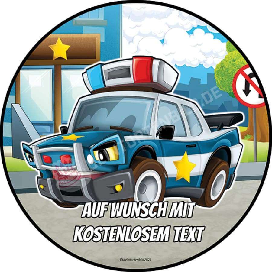 Motiv: Cartoon Polizeiauto - Hochwertige und individuelle Tortenaufleger für jeden Anlass
Tortenaufleger Cartoon Polizeiauto in 20cm Kreis 
Unsere Tortenaufleger sind ein ideales Geschenk für be - Tortenbild - DeintortenbildCartoon Polizeiauto