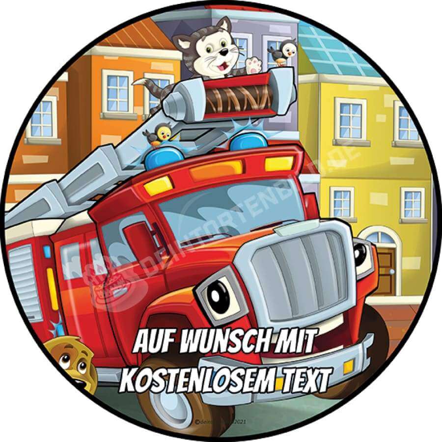 Motiv: Cartoon Feuerwehrauto - Hochwertige und individuelle Tortenaufleger für jeden Anlass
Tortenaufleger Cartoon Feuerwehrauto in 20cm Kreis 
Unsere Tortenaufleger sind ein ideales Geschenk für  - Tortenbild - DeintortenbildCartoon Feuerwehrauto