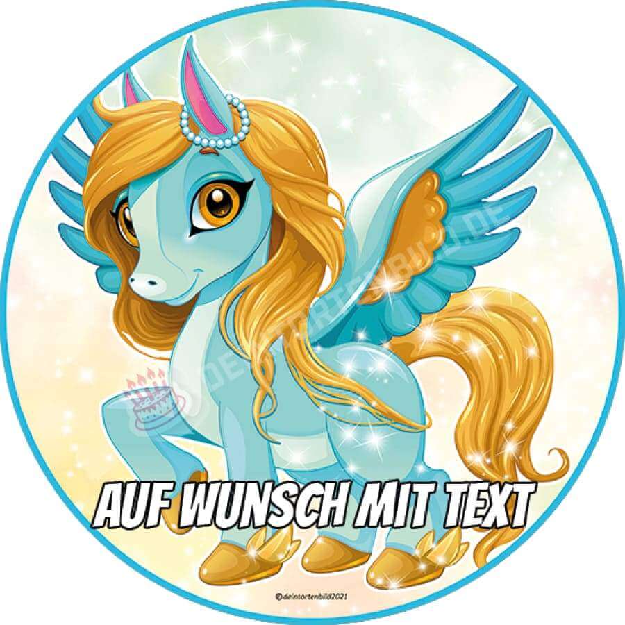 Motiv: Märchenpegasus Gold-Blau - Deintortenbild.de Tortenaufleger aus Esspapier: Oblatenpapier / Einfarbig, Oblatenpapier / Herbstlich, Oblatenpapier / Berge, Oblatenpapier / Rosa Baum, Zuckerpapier / Einfarbig, Zuckerpapier / Herbstlich, Zuckerpapier / Berge, Zuckerpapier / Rosa Baum, Fondantpapier / Einfarbig, Fondantpapier / Herbstlich