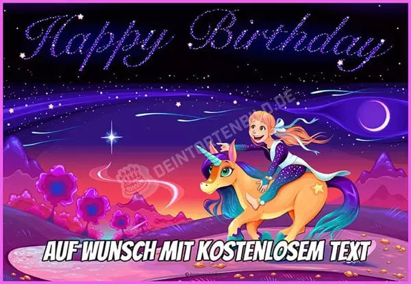 Rechteck Motiv: Happy Birthday - Märcheneinhorn mit Mädchen - Deintortenbild.de Tortenaufleger aus Esspapier: Oblatenpapier, Zuckerpapier, Fondantpapier