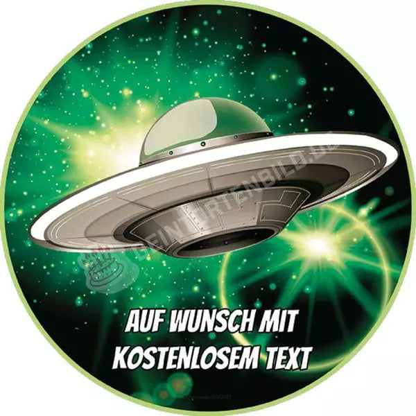 Motiv: UFO im Weltall - Hochwertige und individuelle Tortenaufleger für jeden Anlass
Tortenaufleger UFO im Weltall 20cm Kreis 
Unsere Tortenaufleger sind ein ideales Geschenk für besondere  - Tortenbild - DeintortenbildUFO im Weltall