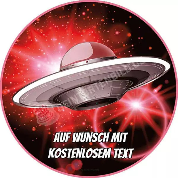 Motiv: UFO im Weltall - Hochwertige und individuelle Tortenaufleger für jeden Anlass
Tortenaufleger UFO im Weltall 20cm Kreis 
Unsere Tortenaufleger sind ein ideales Geschenk für besondere  - Tortenbild - DeintortenbildUFO im Weltall