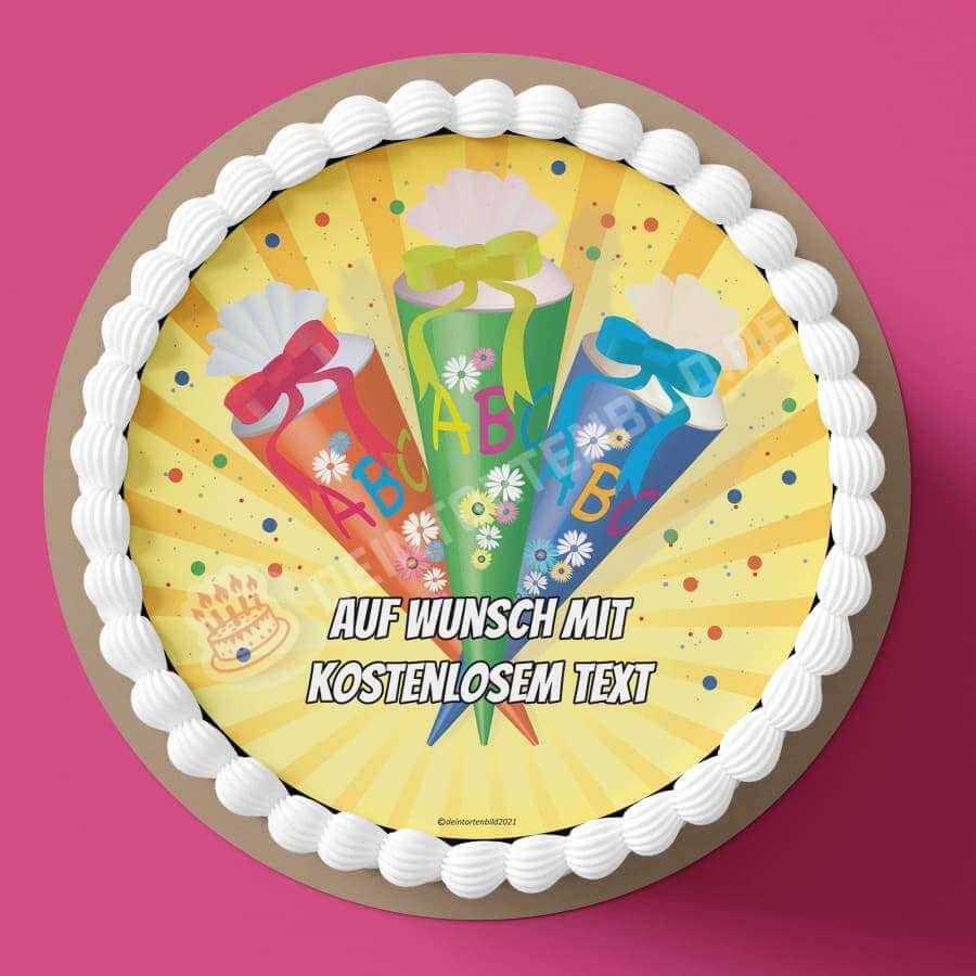 Motiv: Einschulung - Schultüten - Deintortenbild.de Tortenaufleger aus Esspapier: Oblatenpapier / Yellow, Oblatenpapier / Blue, Zuckerpapier / Yellow, Zuckerpapier / Blue, Fondantpapier / Yellow, Fondantpapier / Blue