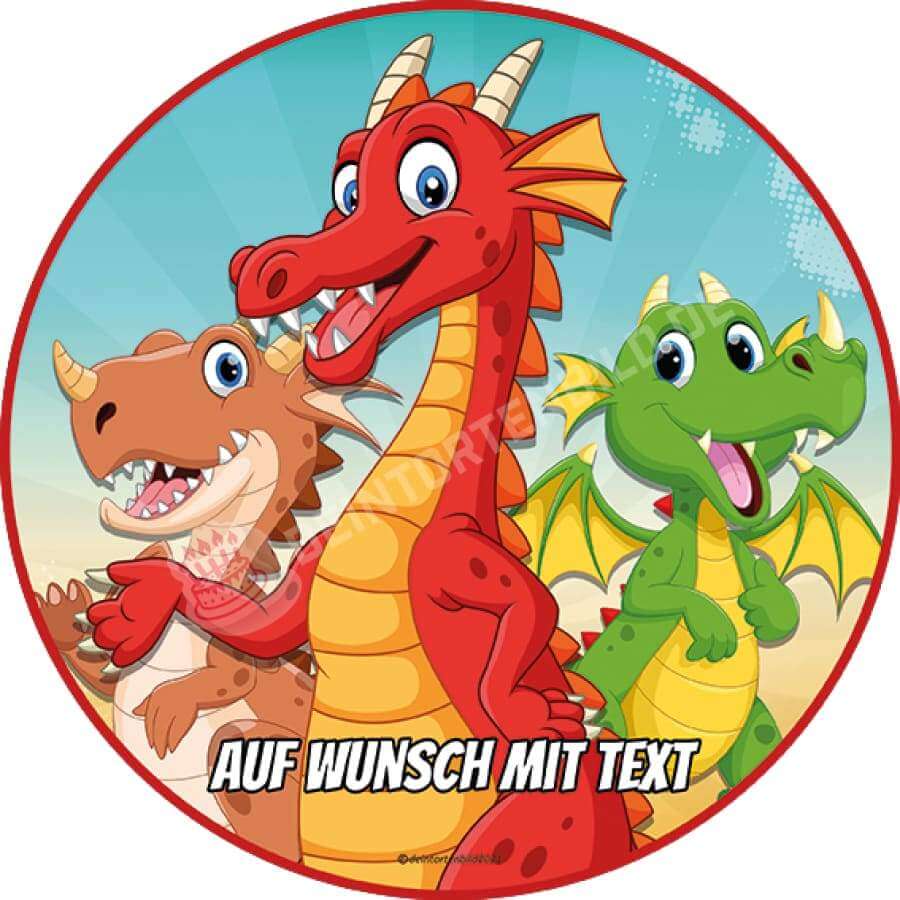 Motiv: Drei Drachen - Hochwertige und individuelle Tortenaufleger für jeden Anlass
Tortenaufleger Drei Drachen in 20cm Kreis 
Unsere Tortenaufleger sind ein ideales Geschenk für besondere - Tortenbild - DeintortenbildDrei Drachen