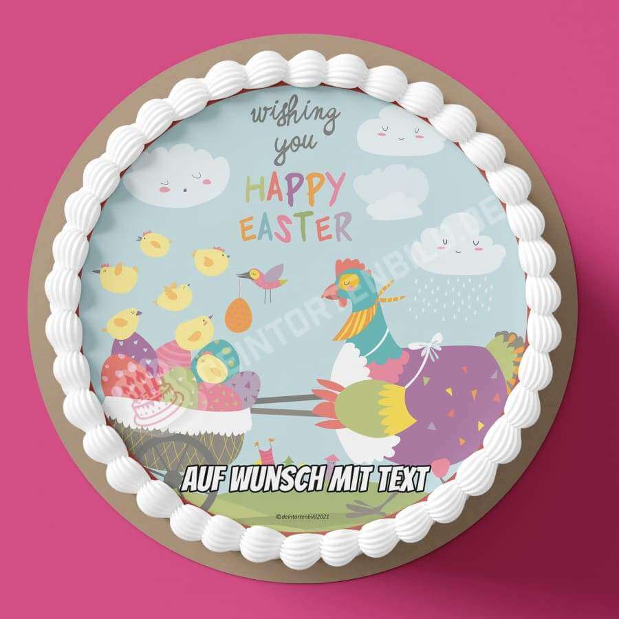 Motiv: Happy Easter - Huhn liefern Ostereier - Hochwertige und individuelle Tortenaufleger für jeden Anlass
Tortenaufleger Happy Easter - Huhn liefert Ostereier 20cm Kreis 
Unsere Tortenaufleger sind ein ideales  - Tortenbild - DeintortenbildHappy Easter - Huhn liefern Ostereier