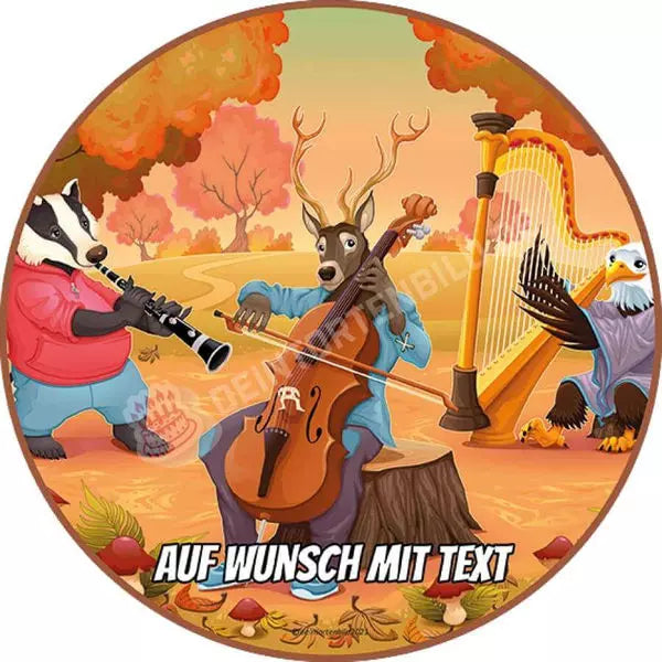 Motiv: Tierkonzert im Wald - Hochwertige und individuelle Tortenaufleger für jeden Anlass
Tortenaufleger Tierkonzert im Wald 20cm Kreis 
Unsere Tortenaufleger sind ein ideales Geschenk für beson - Tortenbild - DeintortenbildTierkonzert im Wald