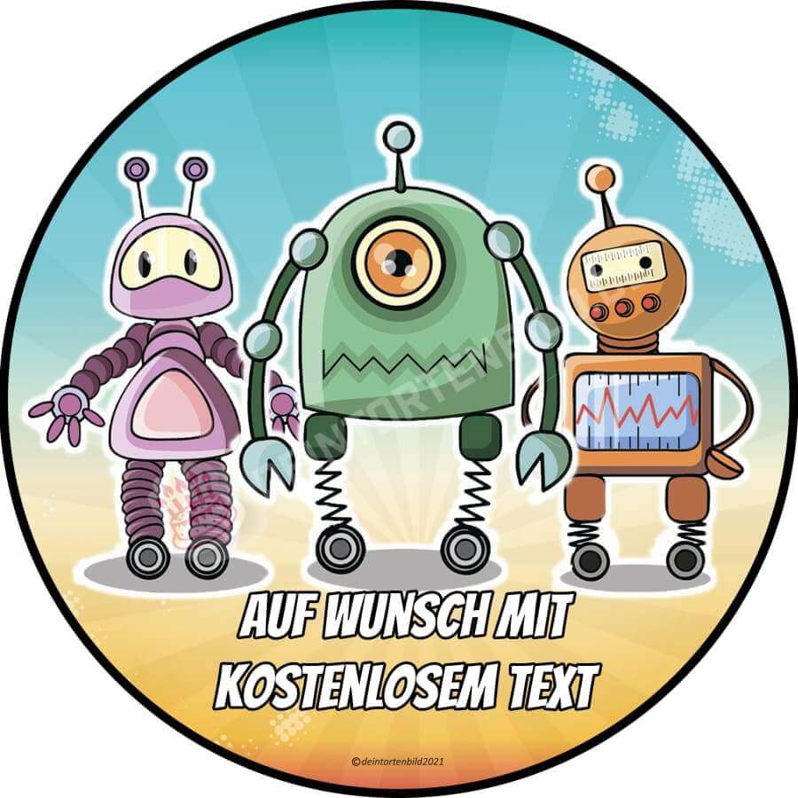 Motiv: Drei Roboter (Version1) von Deintortenbild – Tortenaufleger, Tortenfoto, Tortenbild, personalisiert & individuell bei Deintortenbild.de