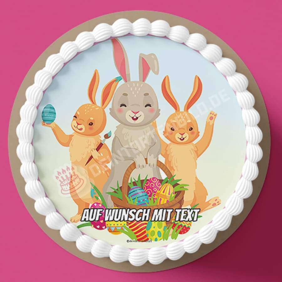 Motiv: Ostern - Drei Osterhasen - Hochwertige und individuelle Tortenaufleger für jeden Anlass
Tortenaufleger Ostern - Drei Osterhasen 20cm Kreis 
Unsere Tortenaufleger sind ein ideales Geschenk für  - Tortenbild - DeintortenbildOstern - Drei Osterhasen