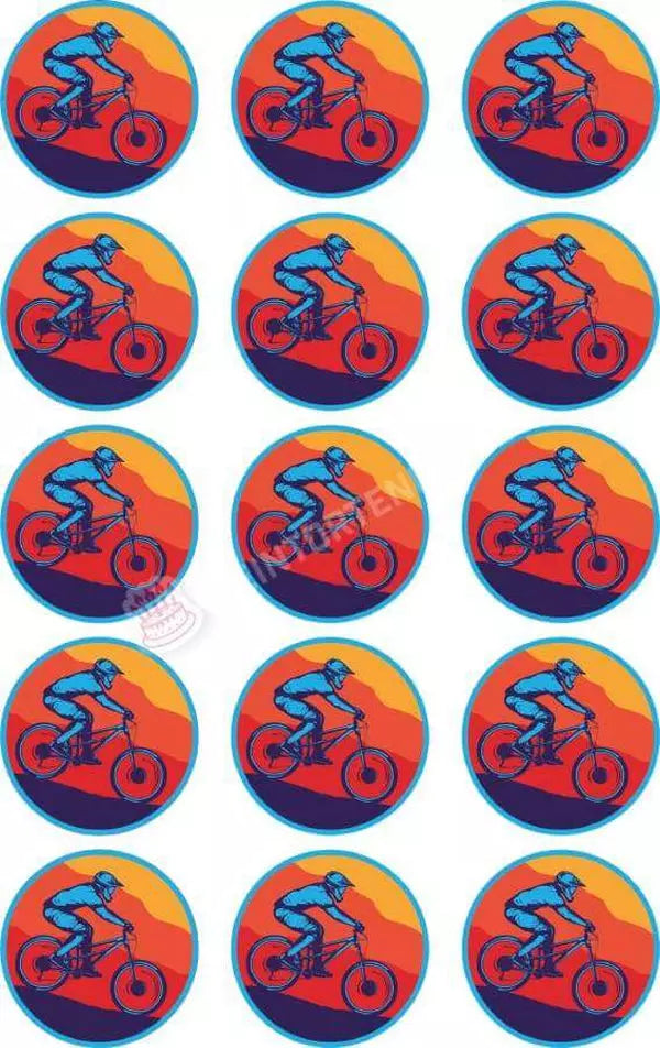 Muffinaufleger Motiv: Mountainbiker - Deintortenbild.de Tortenaufleger aus Esspapier: Oblatenpapier / 15Stück x 5cm, Oblatenpapier / 24Stück x 4cm, Zuckerpapier / 15Stück x 5cm, Zuckerpapier / 24Stück x 4cm, Fondantpapier / 15Stück x 5cm, Fondantpapier / 24Stück x 4cm