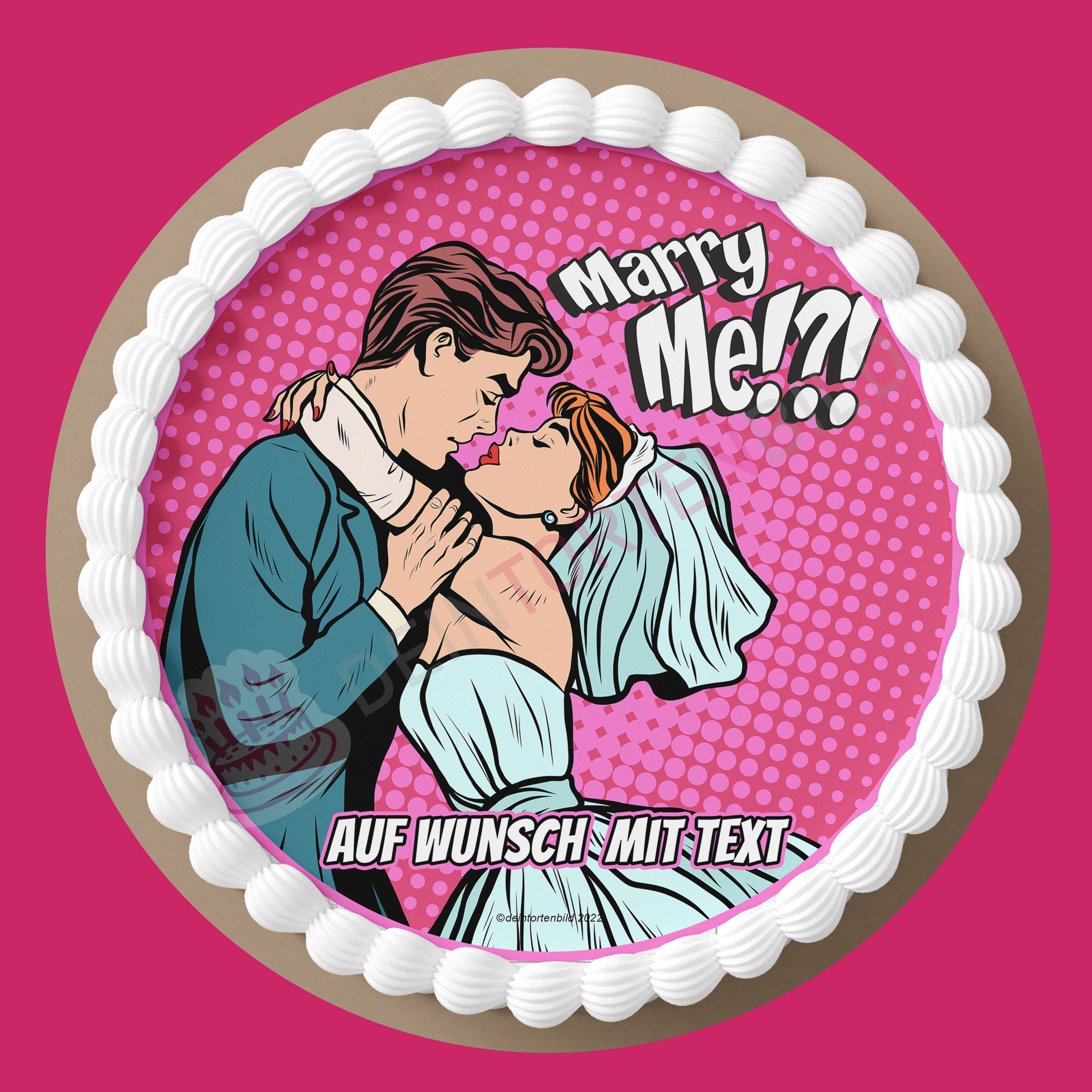 Hochzeit Pop Art Ehepaar Marry Me/Just Married - Hochwertige und individuelle Tortenaufleger für jeden Anlass
Tortenaufleger Hochzeit - Pop Art Ehepaar Marry Me/Just Married 20cm Kreis 
Diese Tortenaufleger im Comi - Tortenbild - DeintortenbildHochzeit Pop Art Ehepaar Marry