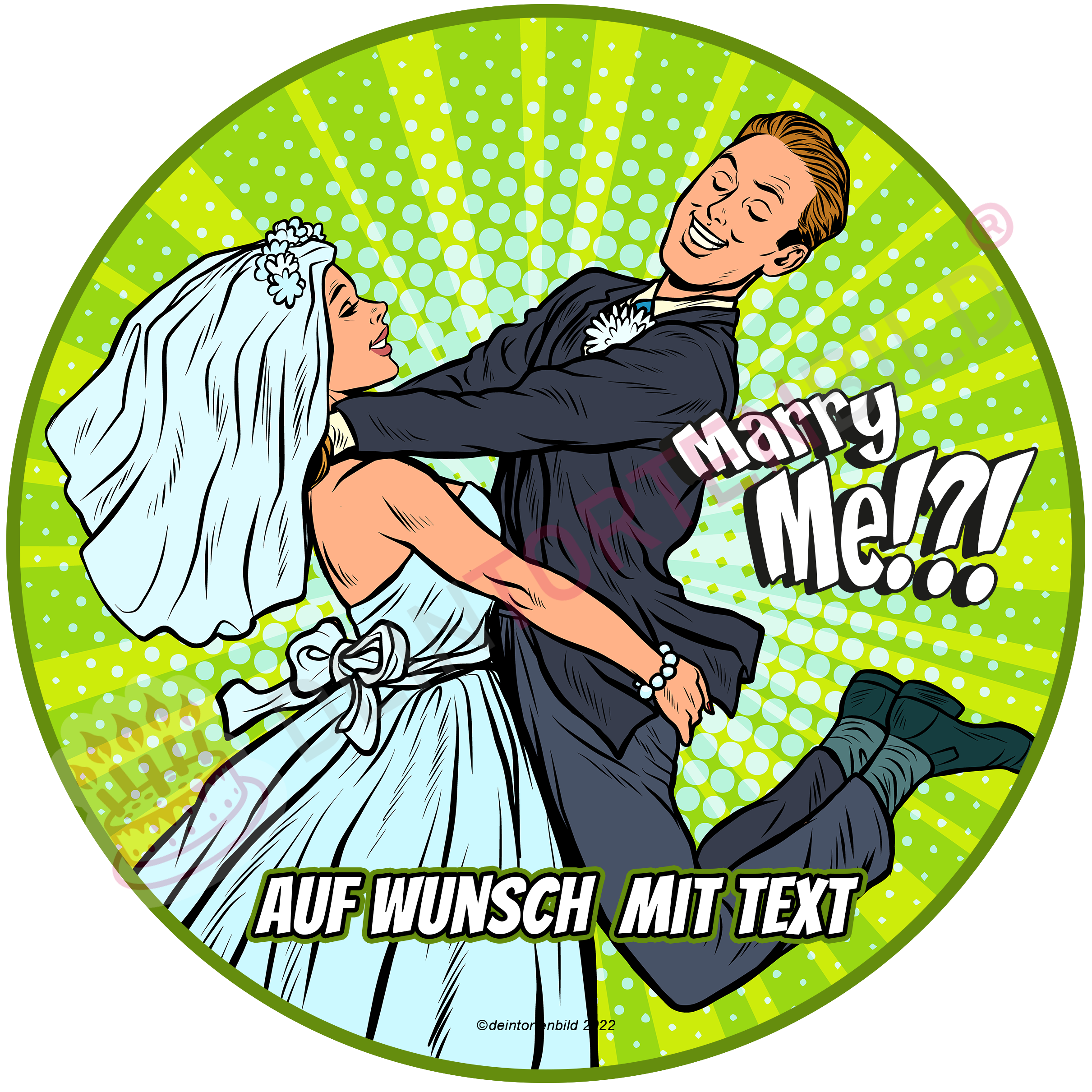 Hochzeit Pop Art Ehepaar Marry Me/Just Married - Hochwertige und individuelle Tortenaufleger für jeden Anlass
Tortenaufleger Hochzeit - Pop Art Ehepaar Marry Me/Just Married 20cm Kreis 
Diese Tortenaufleger im Comi - Tortenbild - DeintortenbildHochzeit Pop Art Ehepaar Marry