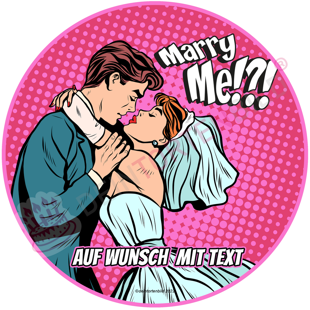 Hochzeit Pop Art Ehepaar Marry Me/Just Married - Hochwertige und individuelle Tortenaufleger für jeden Anlass
Tortenaufleger Hochzeit - Pop Art Ehepaar Marry Me/Just Married 20cm Kreis 
Diese Tortenaufleger im Comi - Tortenbild - DeintortenbildHochzeit Pop Art Ehepaar Marry