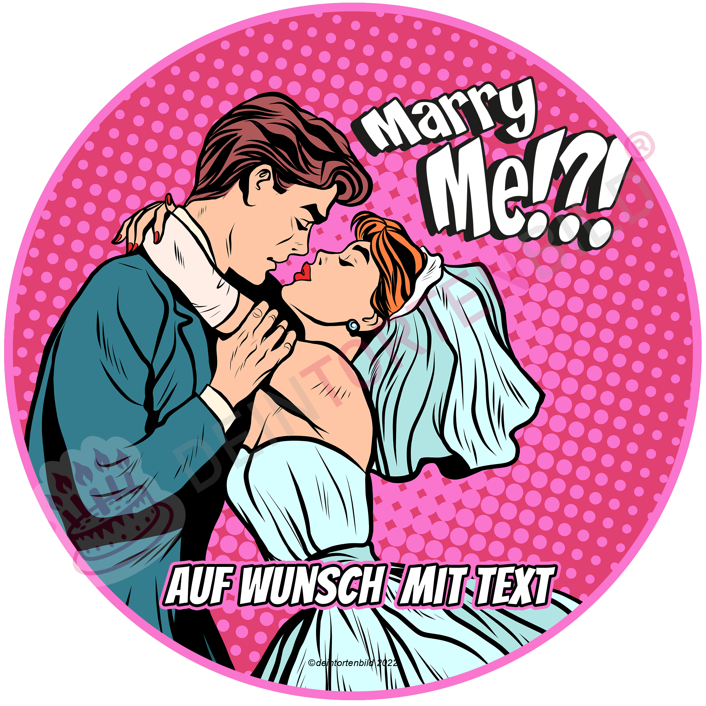 Hochzeit Pop Art Ehepaar Marry Me/Just Married - Hochwertige und individuelle Tortenaufleger für jeden Anlass
Tortenaufleger Hochzeit - Pop Art Ehepaar Marry Me/Just Married 20cm Kreis 
Diese Tortenaufleger im Comi - Tortenbild - DeintortenbildHochzeit Pop Art Ehepaar Marry