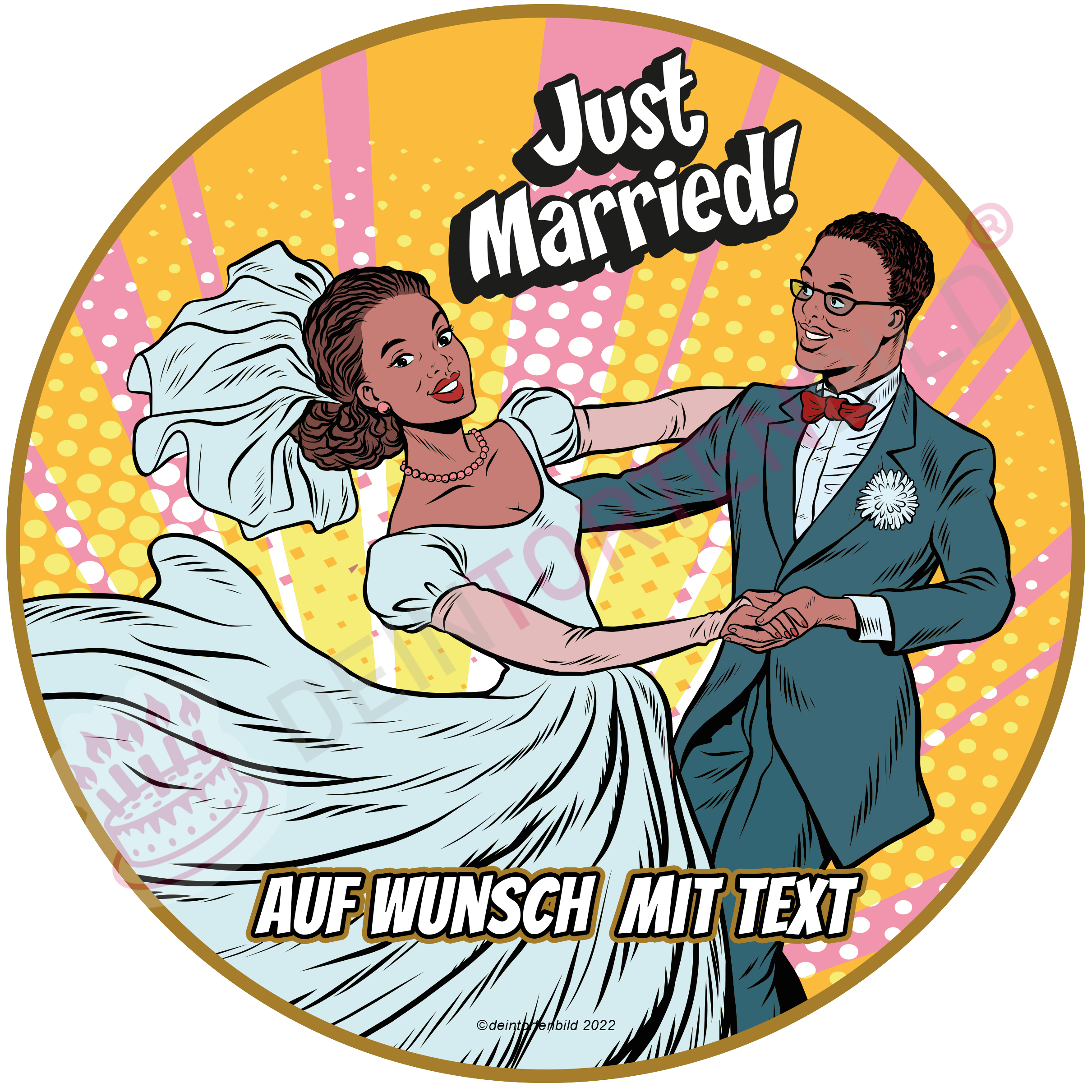 Hochzeit Pop Art Ehepaar Marry Me/Just Married - Hochwertige und individuelle Tortenaufleger für jeden Anlass
Tortenaufleger Hochzeit - Pop Art Ehepaar Marry Me/Just Married 20cm Kreis 
Diese Tortenaufleger im Comi - Tortenbild - DeintortenbildHochzeit Pop Art Ehepaar Marry