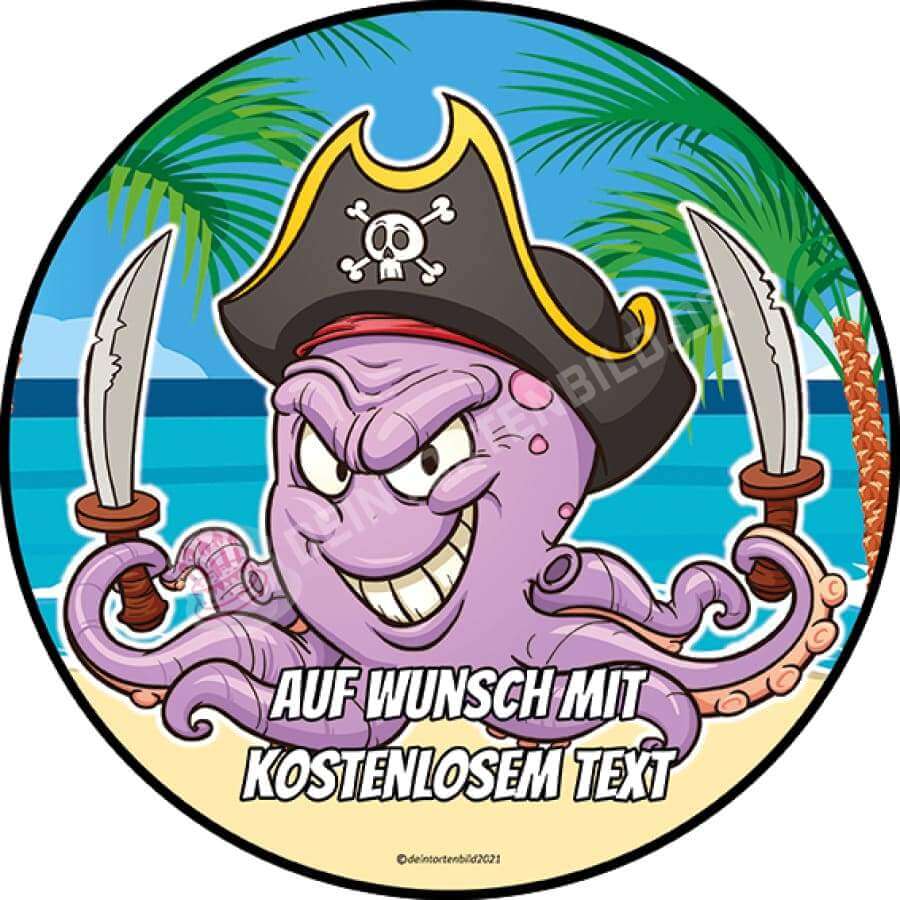 Motiv: Cartoon Oktopus Pirat - Hochwertige und individuelle Tortenaufleger für jeden Anlass
Tortenaufleger Cartoon Oktopus Pirat in 20cm Kreis 
Unsere Tortenaufleger sind ein ideales Geschenk für  - Tortenbild - DeintortenbildCartoon Oktopus Pirat